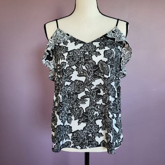 Express Black & White Floral Chiffon Ruffle Flounce Open Back Camisole Blouse - Picture 1 of 16